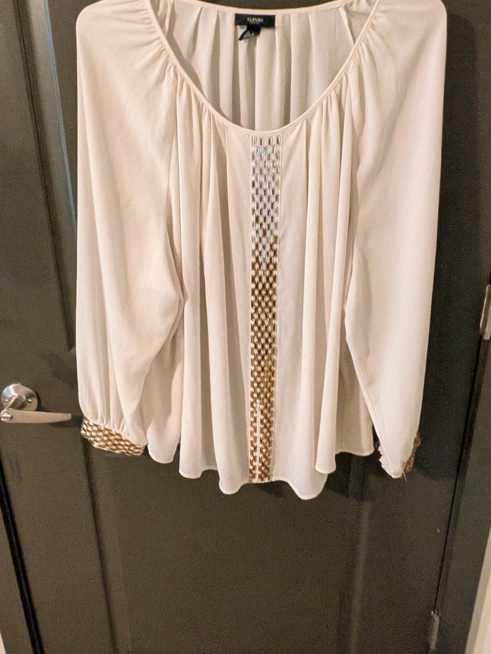 Alfani Cream Blouse with Gold Beaded Trim